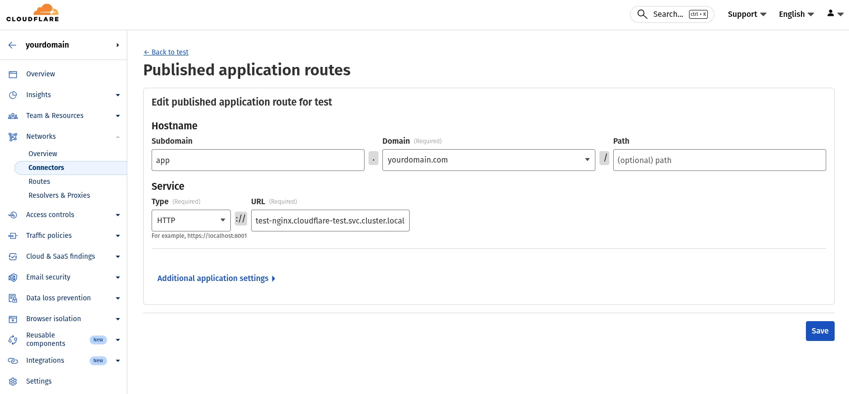 Cloudflare tunnel configuration for Kubernetes with external SSL showing service URL pointing to internal Kubernetes service