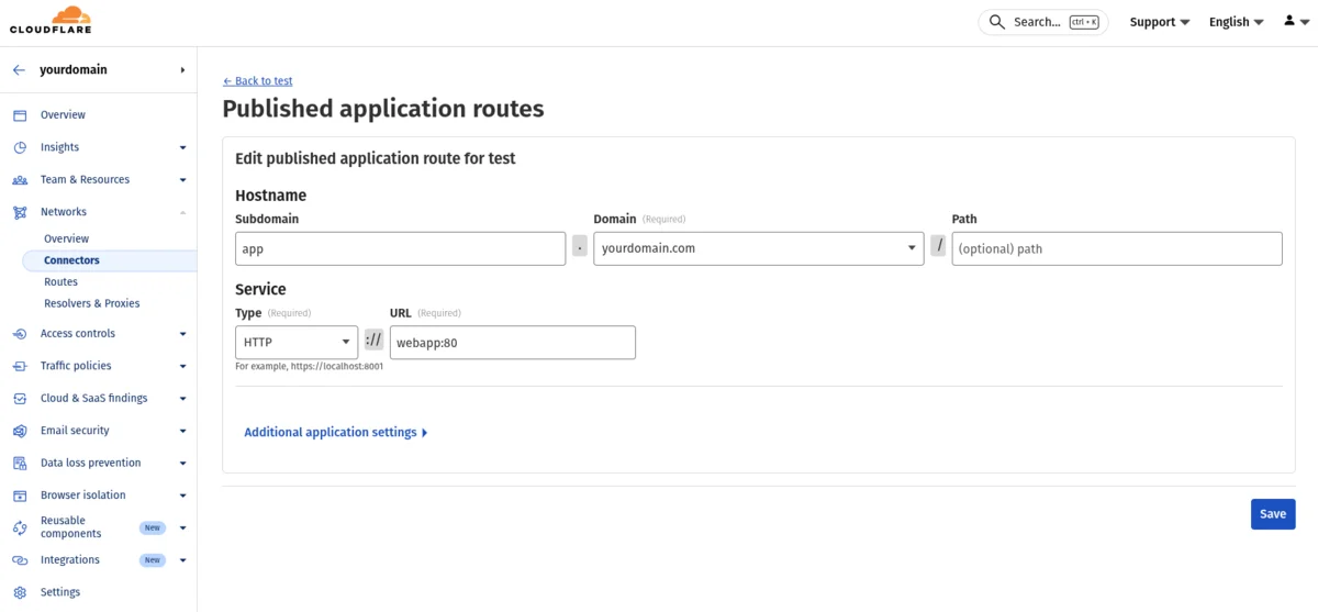 Cloudflare tunnel public hostname configuration showing subdomain, domain, and service URL settings