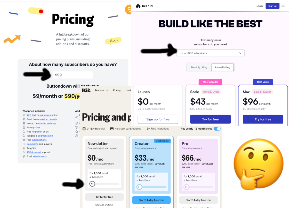 Examples of pricing page structure variation, including static tables, cards, and interactive controls